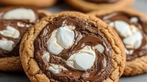 chocolate marshmallow swirl cookies on a white plate with the title in the middle