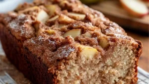 cinnamon apple bread on a white plate with apples in the background and text overlay that reads, cinnamon apple bread quick and easy