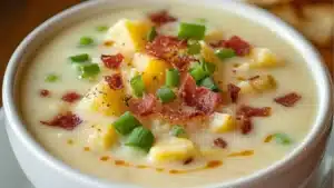 baked potato soup with bacon and green onions in a white bowl topped with a spoon