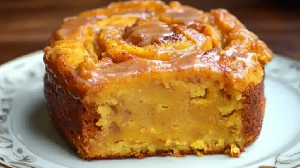 sweet potato cinnamon roll cake on a white plate with the words sweet potato cinnamon roll cake above it