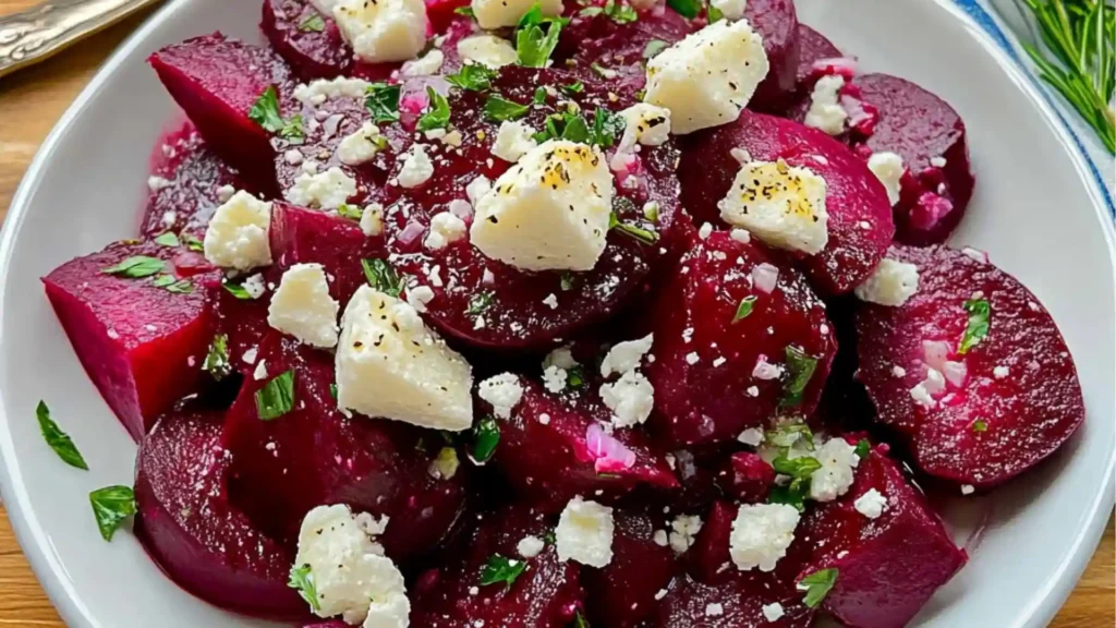 beet salad with feta cheese and parsley on top
