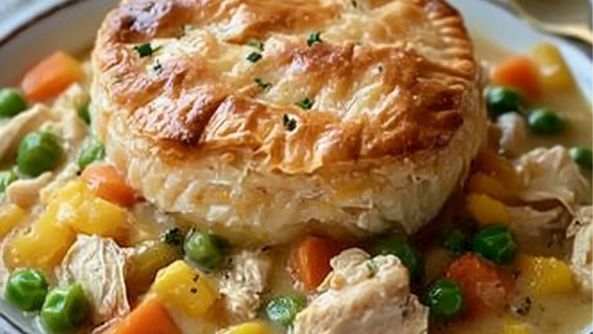 a white bowl filled with chicken pot pie and corn chowdery next to a biscuit