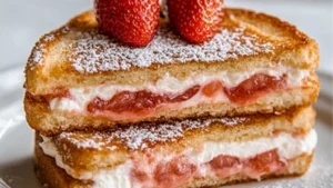 strawberry cheesecake sandwiches stacked on top of each other