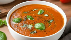 someone dipping some food into a bowl of tomato basil soup with bread croutons on the side