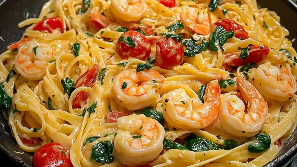 pasta with shrimp, spinach and tomato sauce in a white bowl on a marble surface