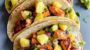 grilled salmon tacos with pineapple salsa on a plate next to lime wedges
