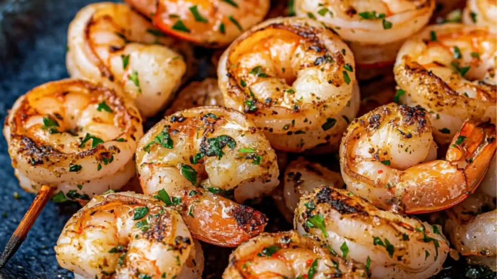 grilled shrimp with lime wedges and cilantro garnish on the side