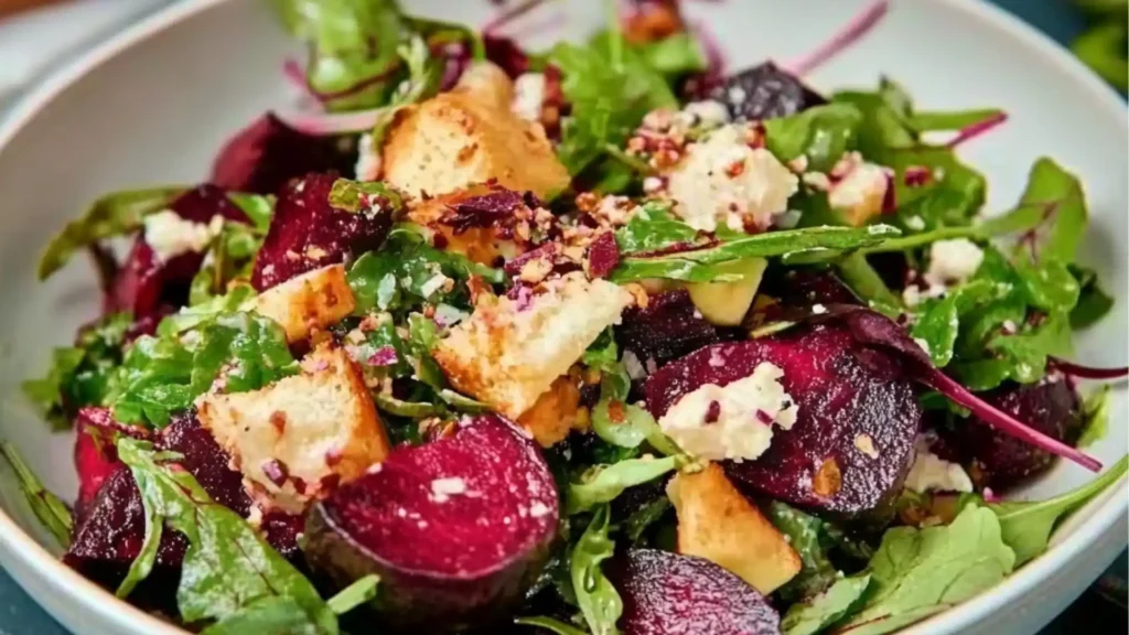 beets and goat cheese on a white plate with spoons next to the plate