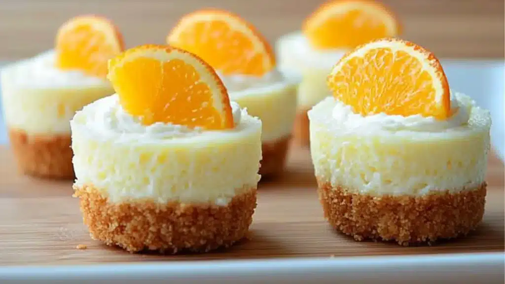 orange creamsicle mini cheesecakes with whipped cream and an orange slice on top