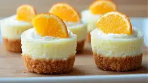 orange creamsicle mini cheesecakes with whipped cream and an orange slice on top