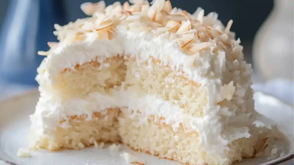 two pieces of coconut cloud cake on a plate with the words coconut cloud cake recipe