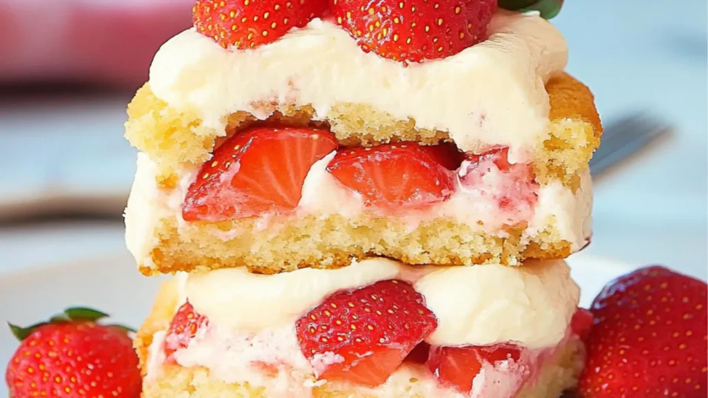 strawberry shortcakes stacked on top of each other with the words classic strawberry shortcakes just like grandma's
