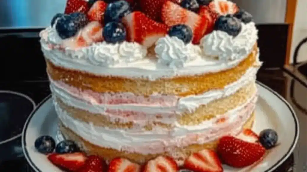 Strawberry Shortcake Layer Cake sponge cake on a marble cake stand, topped with fresh strawberries and flowers
