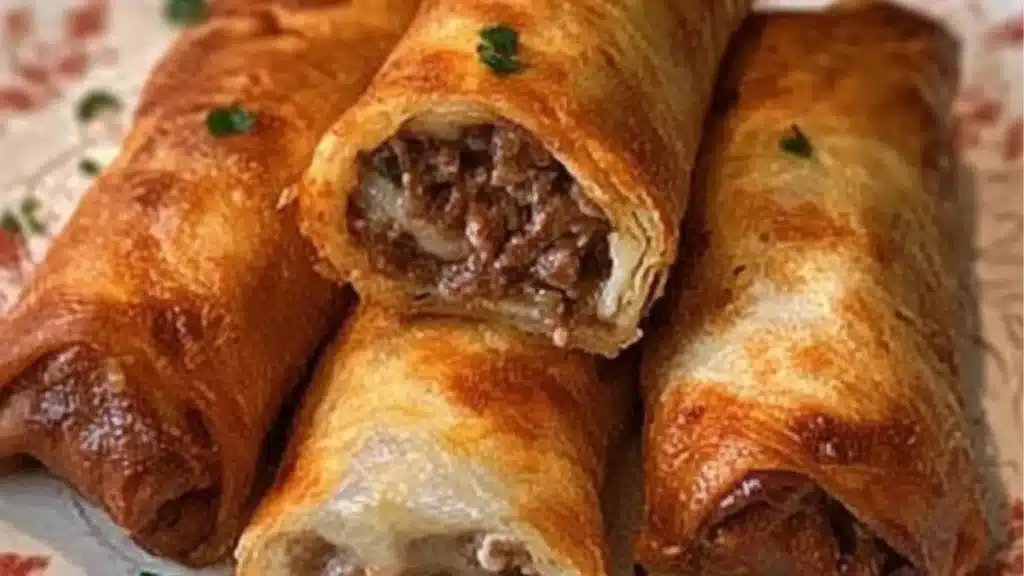 a plate topped with cheesesteak roll ups