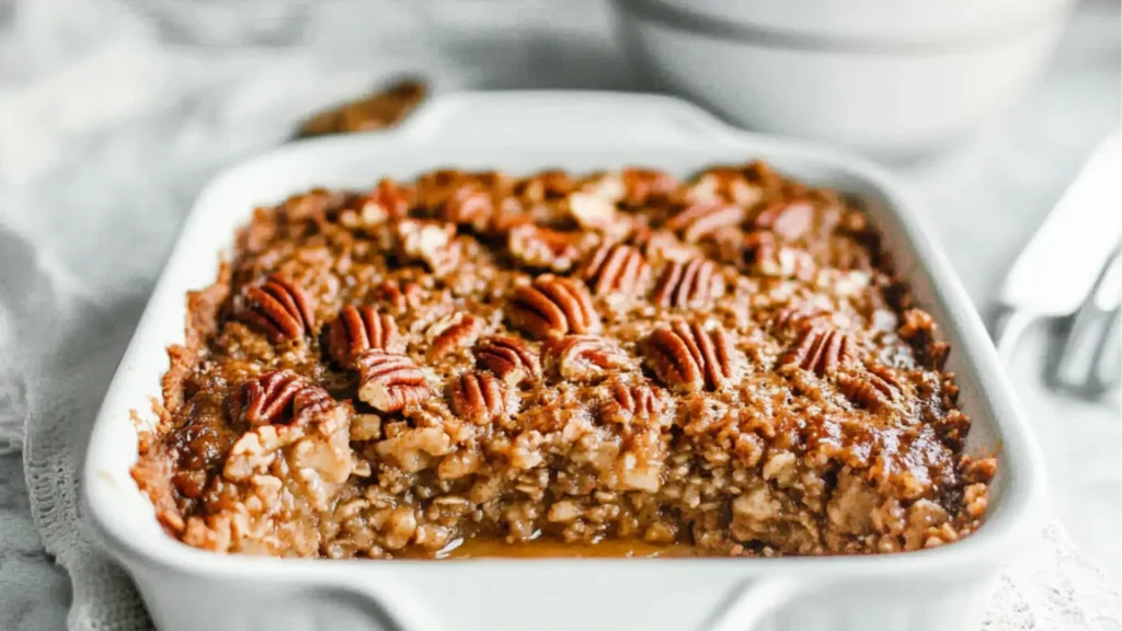 pecan pie baked oatmeal in a baking dish with text overlay