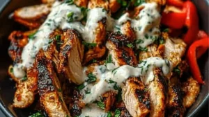 chicken shawarma with garlic sauce on a plate