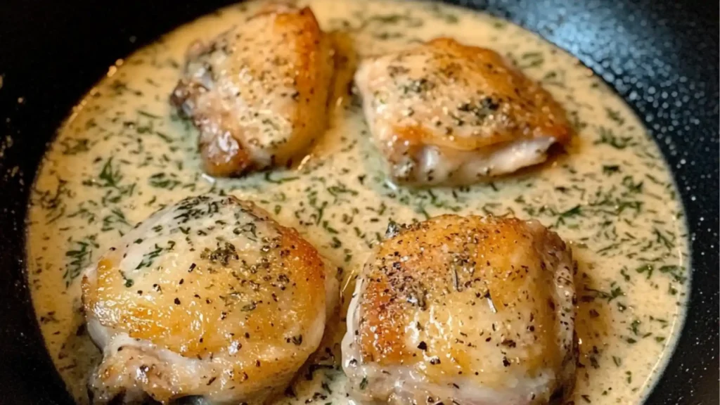 two pictures of chicken thighs in yellow sauce