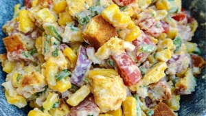 A close up picture, top and bottom, of layered cornbread salad in a trifle dish.