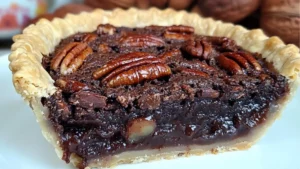 A close-up of a slice of Texas chocolate pecan pie, highlighting the layers of flaky crust, gooey chocolate filling, and both whole and chopped pecans on top. The title card says "TEXAS CHOCOLATE PECAN PIE"