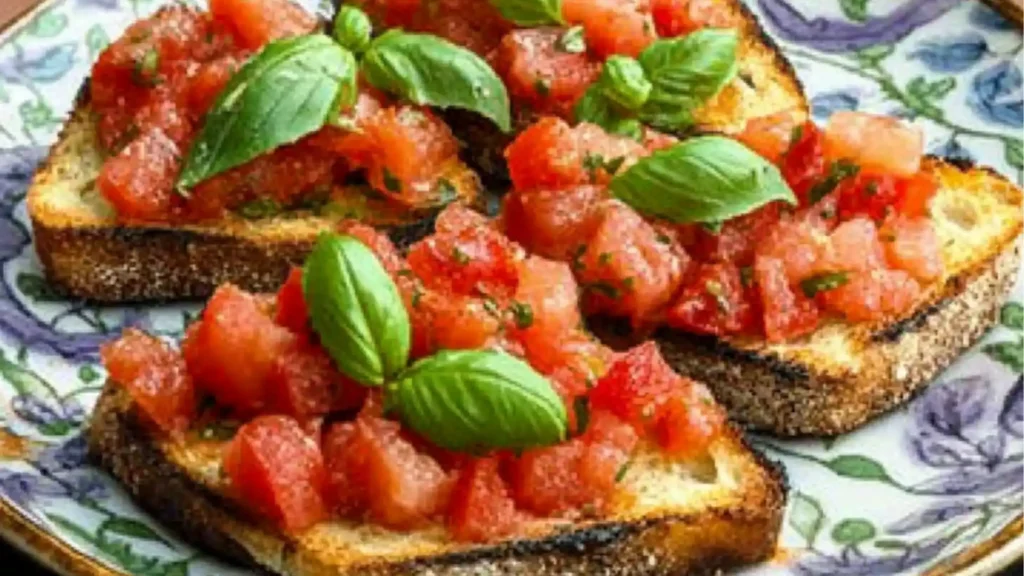 the classic italian bruschetta is served with bread and tomatoes
