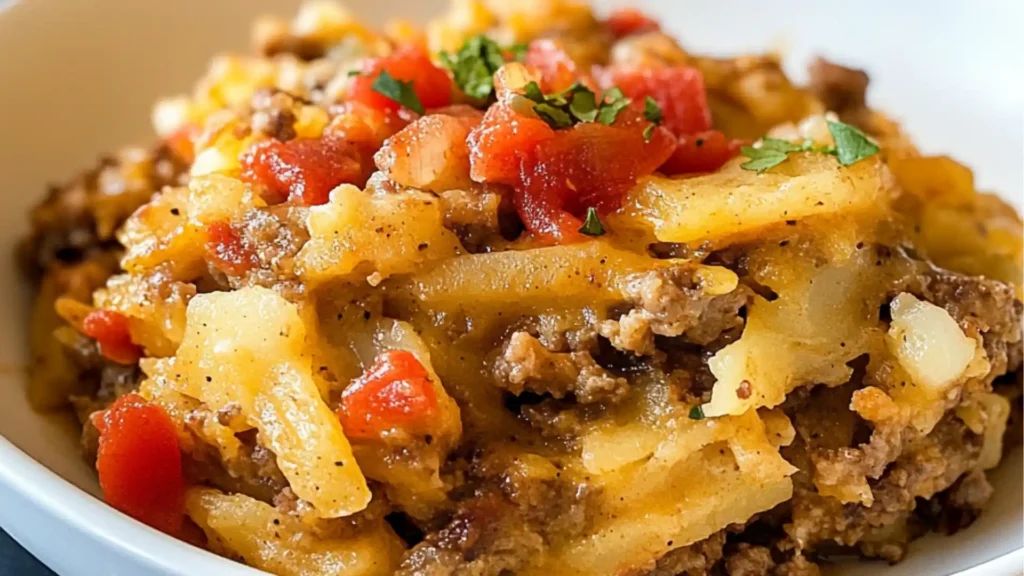 crock pot taco hashbrown casserole is shown in a white dish