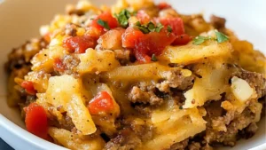 crock pot taco hashbrown casserole is shown in a white dish