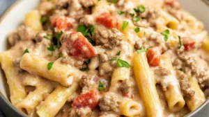 creamy rotel pasta with ground beef, rotel pasta recipe, easy creamy pasta with ground beef, creamy ground beef pasta dish, ground beef rotel pasta dinner, creamy pasta with rotel and beef