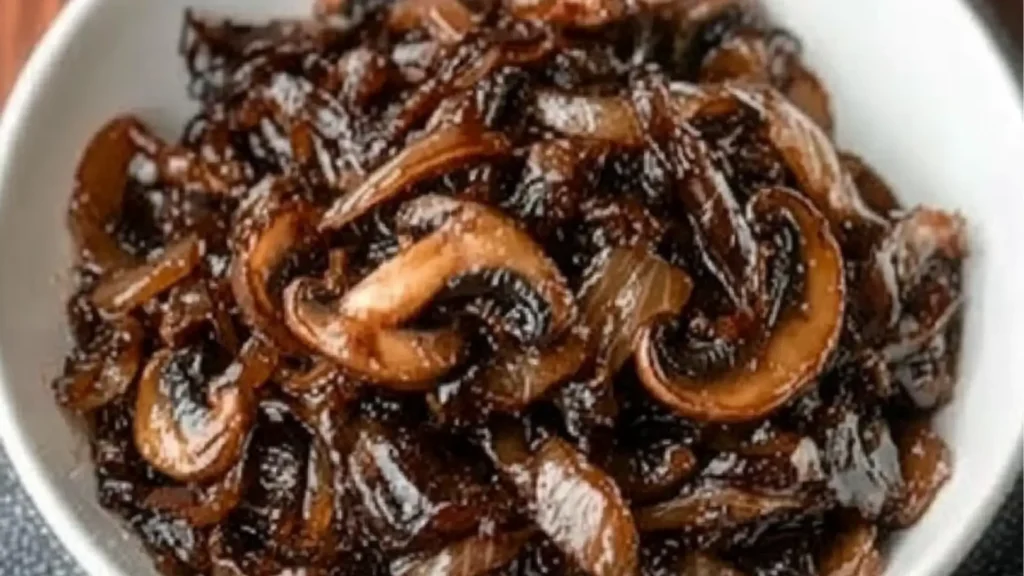 this is an image of caramelized mushrooms and onions in a bowl with a fork
