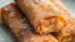 doughnuts stacked on top of each other with the words, peach cobbler egg rolls