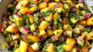 a close up of a plate of food with fruit and vegetables on it, including cilantro