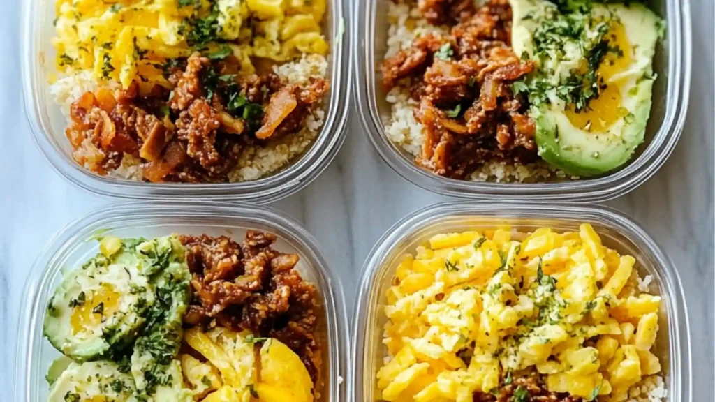 make ahead breakfast bowls with potatoes, green beans and cheese in the middle are shown