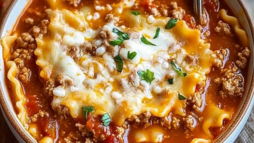 an easy lasagna soup recipe in a skillet with the title above it