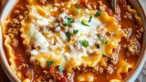 an easy lasagna soup recipe in a skillet with the title above it