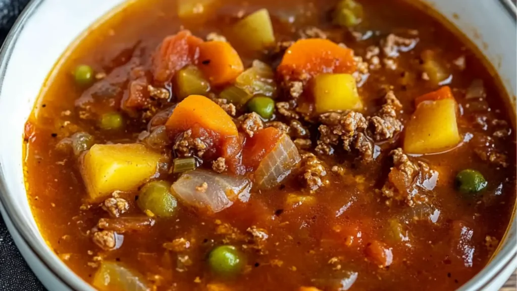 two bowls of vegetable beef soup with the words, my mom's old fashioned vegetable beef soup