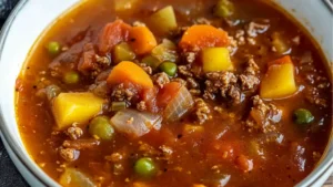 two bowls of vegetable beef soup with the words, my mom's old fashioned vegetable beef soup