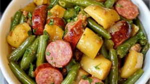 crockpot kielbasa and green beans in a skillet with text overlay