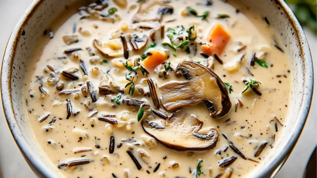two pans filled with creamy mushroom soup and the words cozy mushroom soup above them