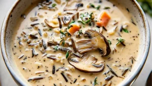 two pans filled with creamy mushroom soup and the words cozy mushroom soup above them