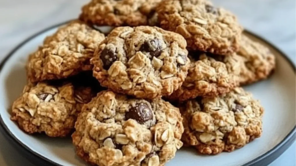 peanut butter oatmeal cookies stacked on top of each other with text overlay