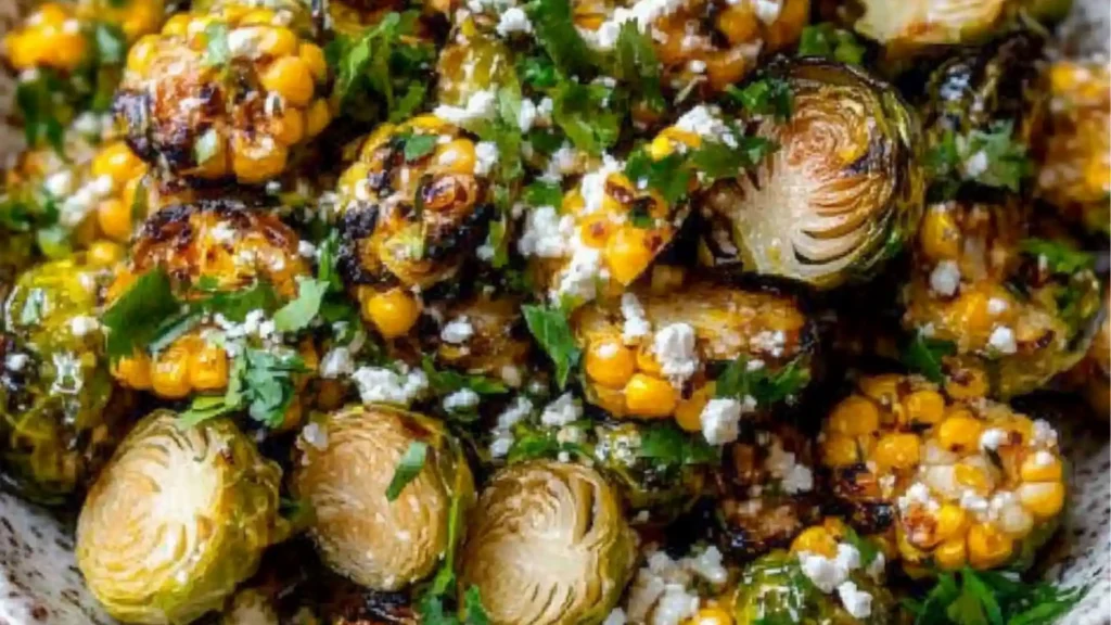 mexican street corn brussel sprouts in a skillet