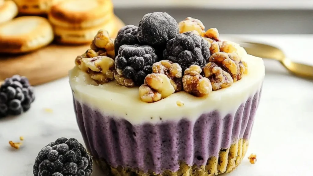 a person is holding up some fruit and yogurt bites with granola crumbs
