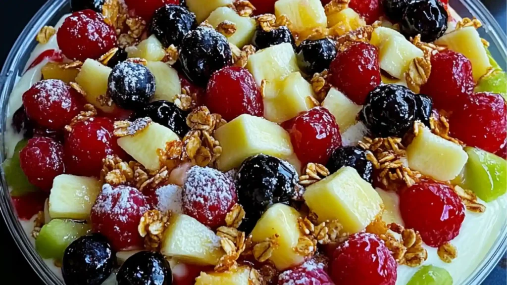 a close up of fruit salad with nuts and strawberries on the side in a glass dish