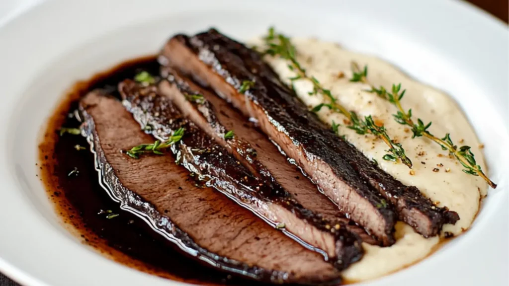 juicy tender and flavorful balsamic flank steak is served on a platter