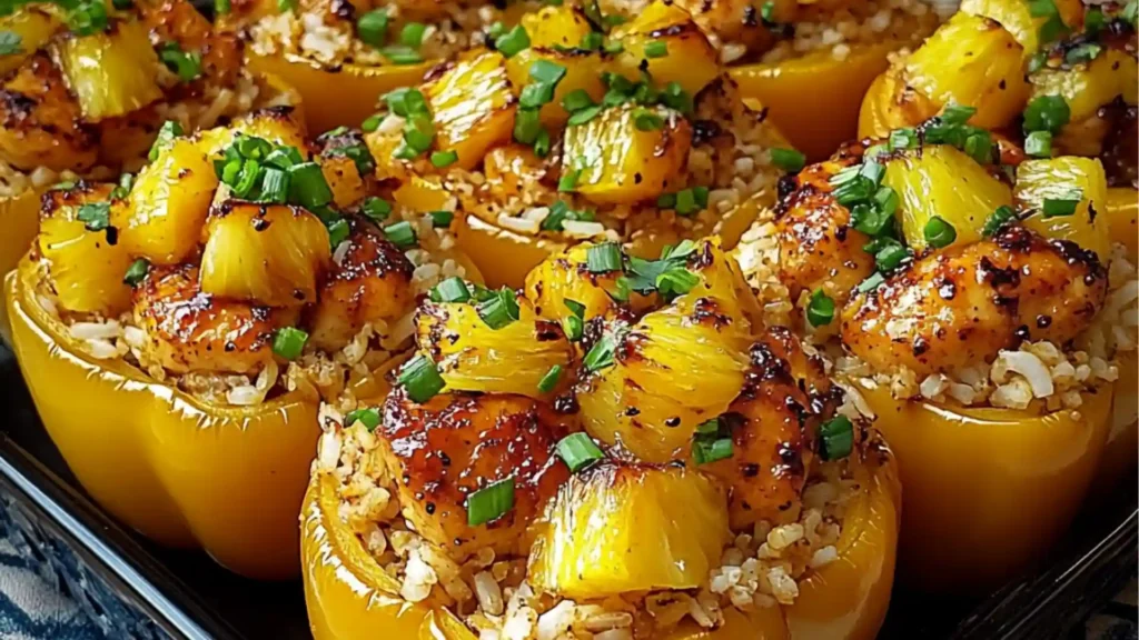 several stuffed peppers on a plate with the words teriyaki pineapple chicken and rice stuffed in them