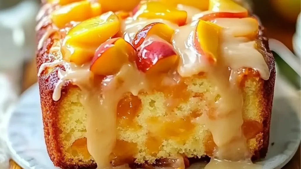 three slices of peach cake stacked on top of each other with the words irresistiblely summer peach cake
