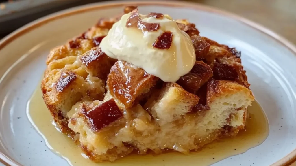 bread pudding with vanilla sauce is on a white plate and brown text reads grandma's old - fashioned bread pudding with vanilla sauce