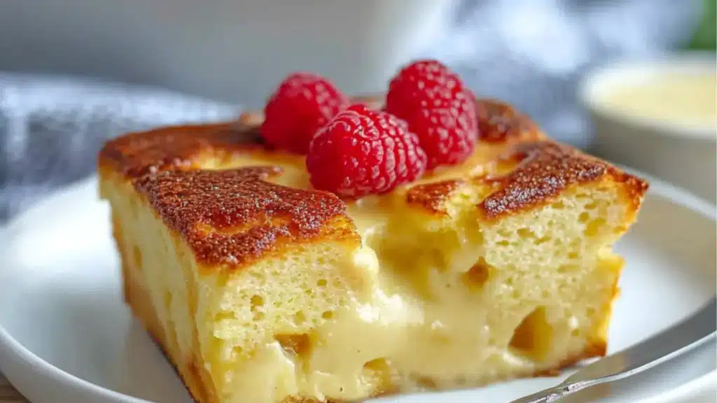 custard bread pudding with raspberries on top and the words custard bread pudding above it