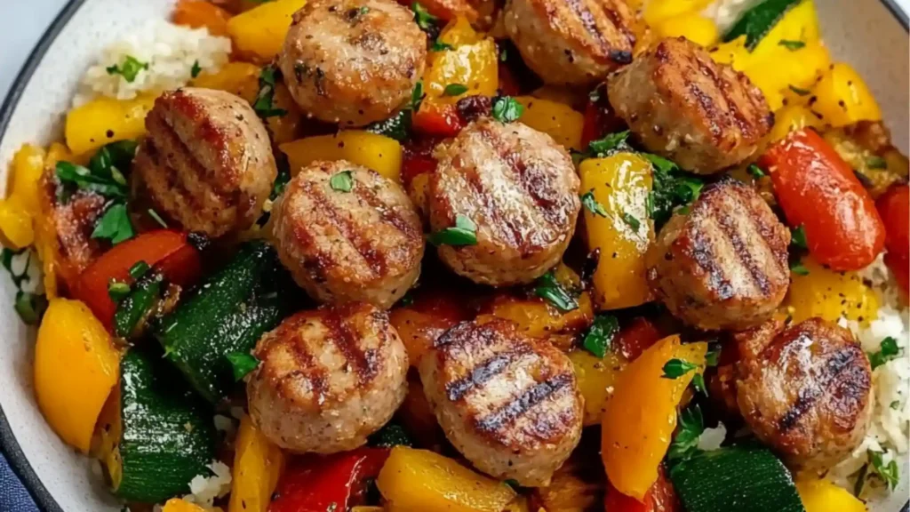 an air fryer filled with sausage and veggies