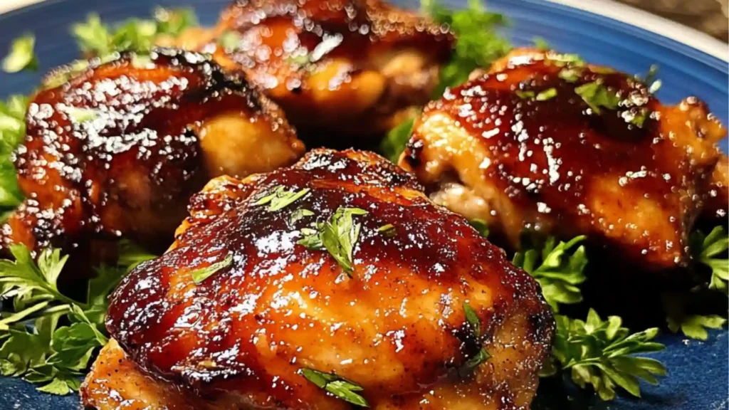 grilled chicken on a white plate with parsley