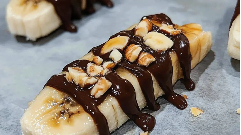 chocolate covered banana snickkers with caramel drizzle and nuts on top